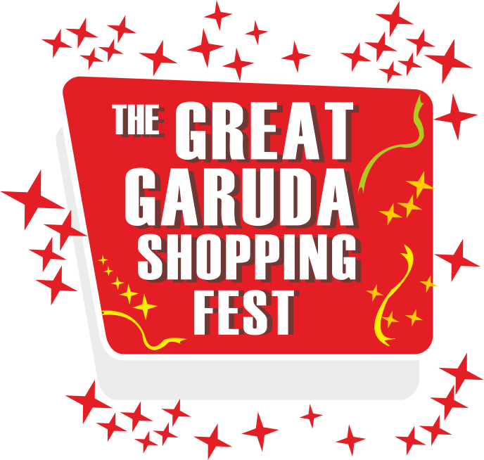偉大加魯達購物節宣傳圖 壁紙 — 一個大膽的紅色標誌宣佈「The Great Garuda Shopping Fest」，周圍環繞著紅色星星和黃色彩帶。