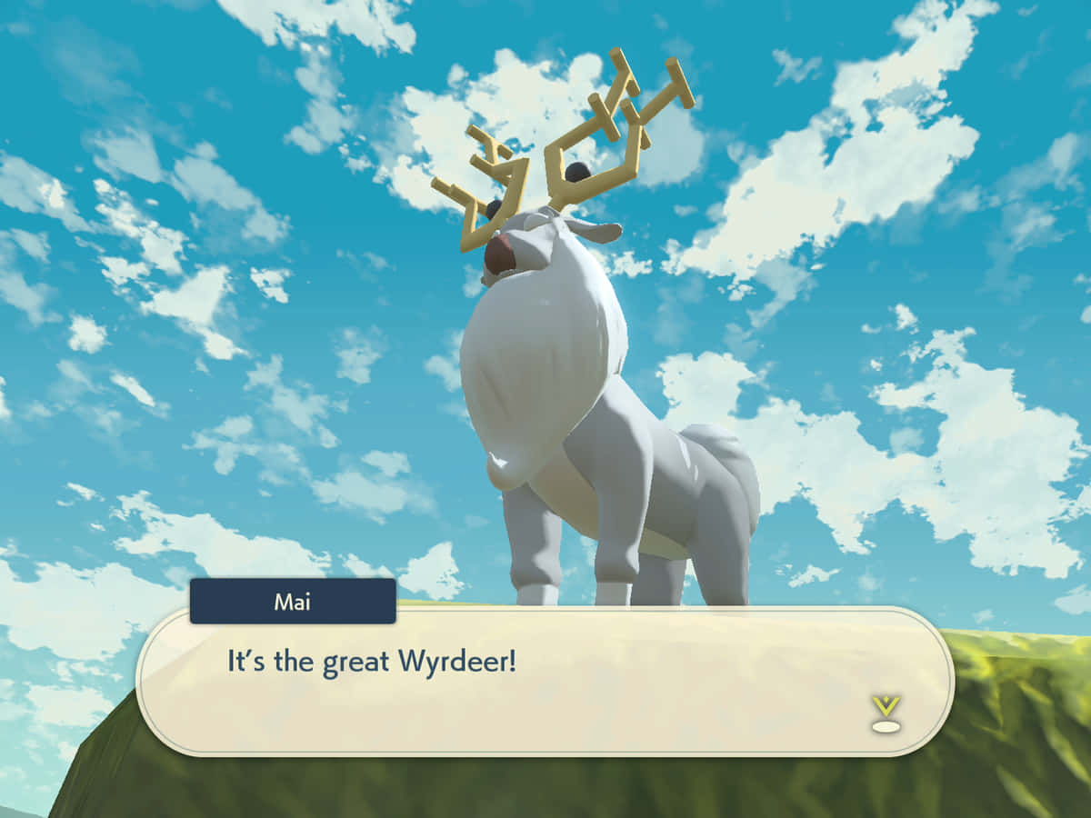 偉大的Wyrdeer 壁紙 — 一隻雄偉的白鹿，長著金色鹿角，站在長滿青草的懸崖頂上，背景是晴朗的藍天和蓬鬆的白雲。