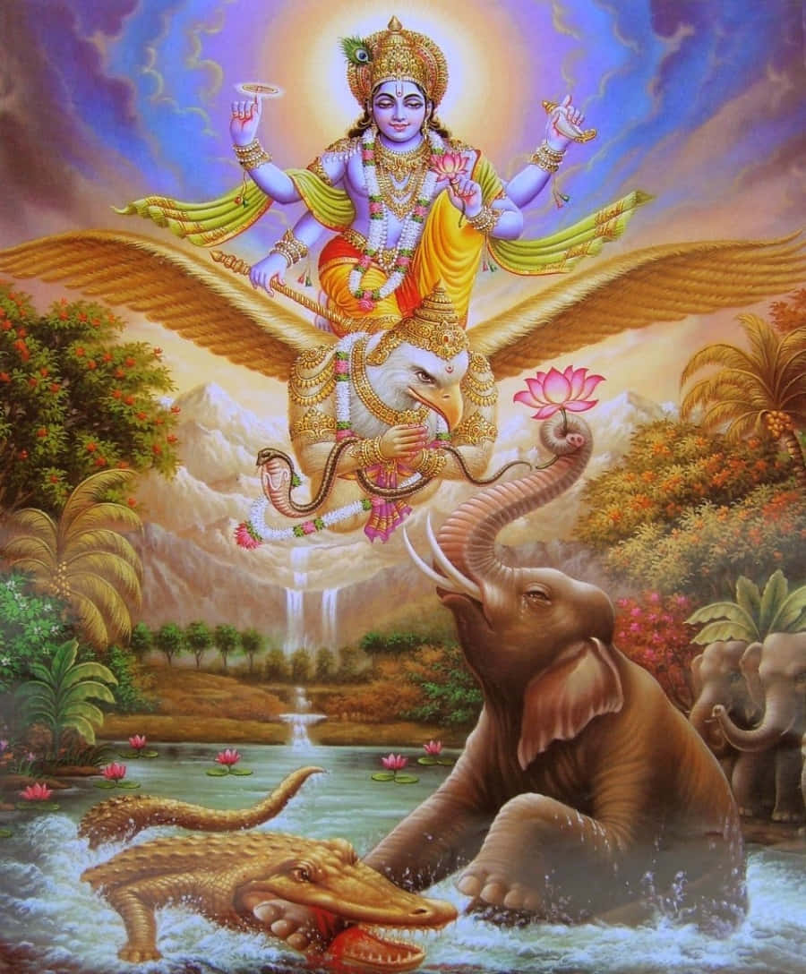 偉大的印度神祇 壁紙 — 一位神聖的紫色皮膚、多臂的神祇騎著金鷹飛越叢林河流，大象和鱷魚在燦爛的天空下互動。