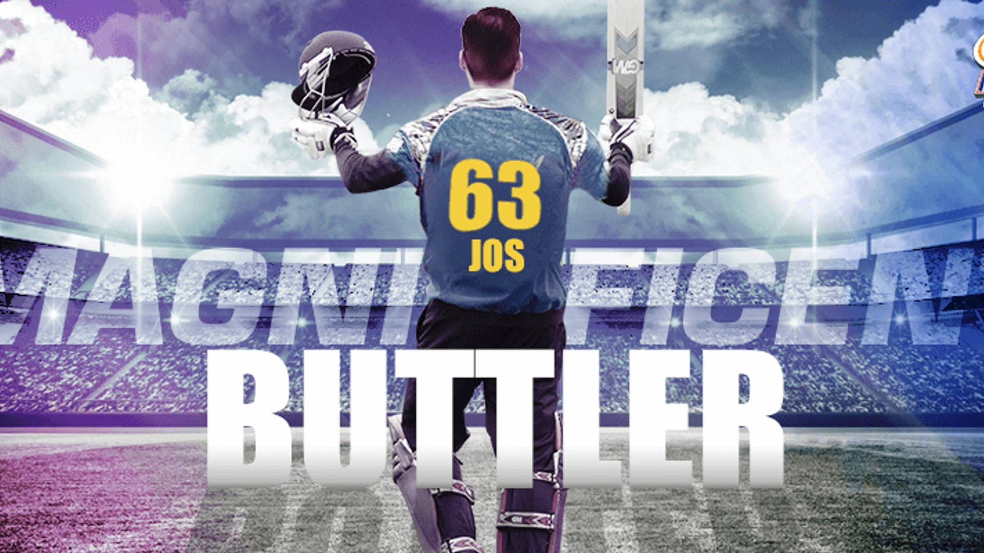 板球運動員 Jos Buttler 在球場用球棒和頭盔慶祝。
