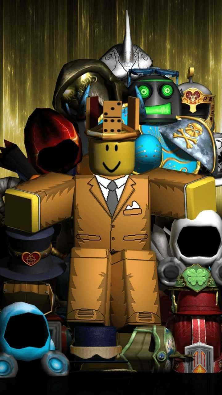 做你想做的自己——無論你是新手還是老手！ 壁紙 — 一個中央嘅Roblox角色著住米色西裝，喺混亂嘅人群中微笑，周圍係各種裝甲同主題嘅角色頭部。