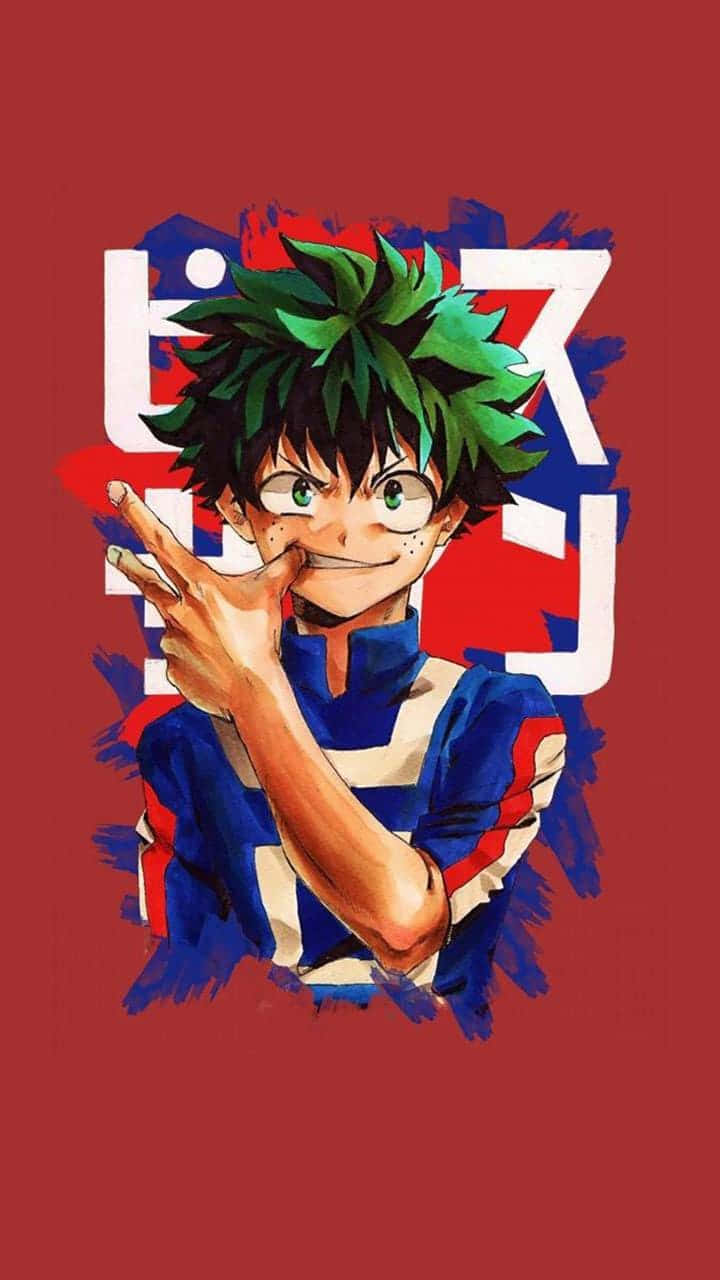 綠色頭髮和眼鏡的動漫男孩在帶有日文字樣的紅色背景前做出和平手勢。