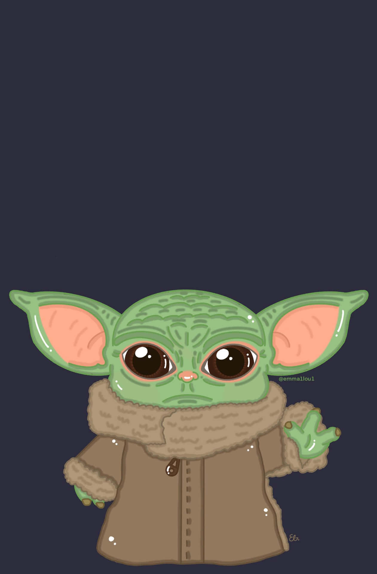 Baby Yoda 穿著棕色外套和圍巾揮手。