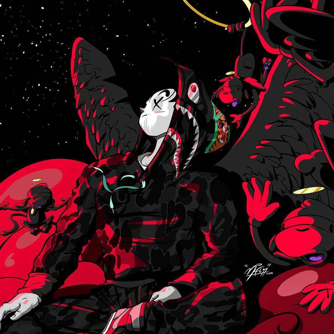 黑色翅膀的動漫角色在星空下斜倚在紅色行星上。