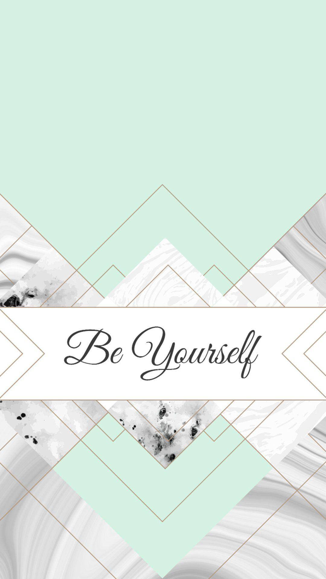 薄荷綠和白色大理石幾何圖案，帶有金色線條和'Be Yourself'文字。