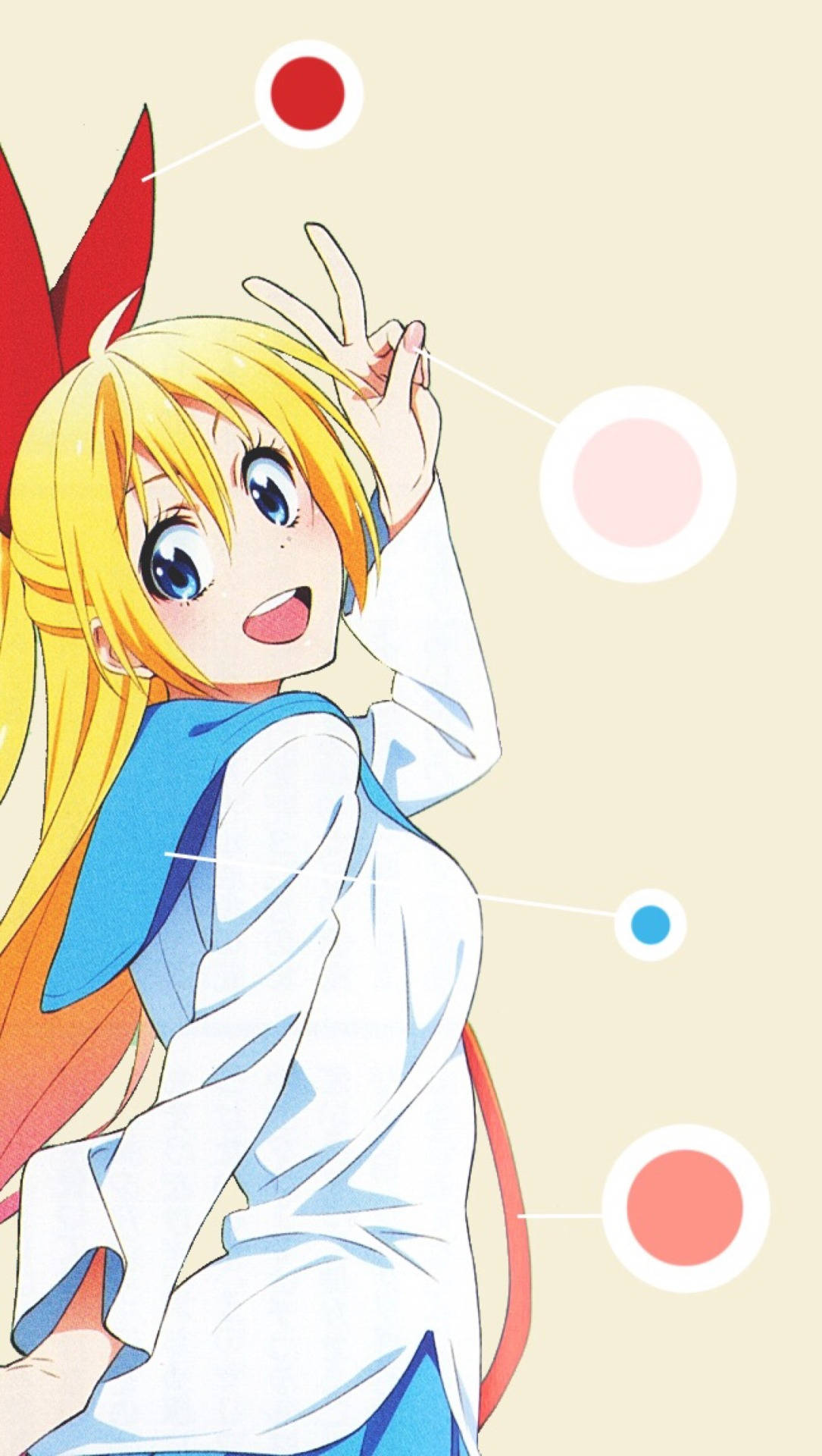 金髮紅耳的動漫女孩做出和平手勢，伴有浮動圓圈。