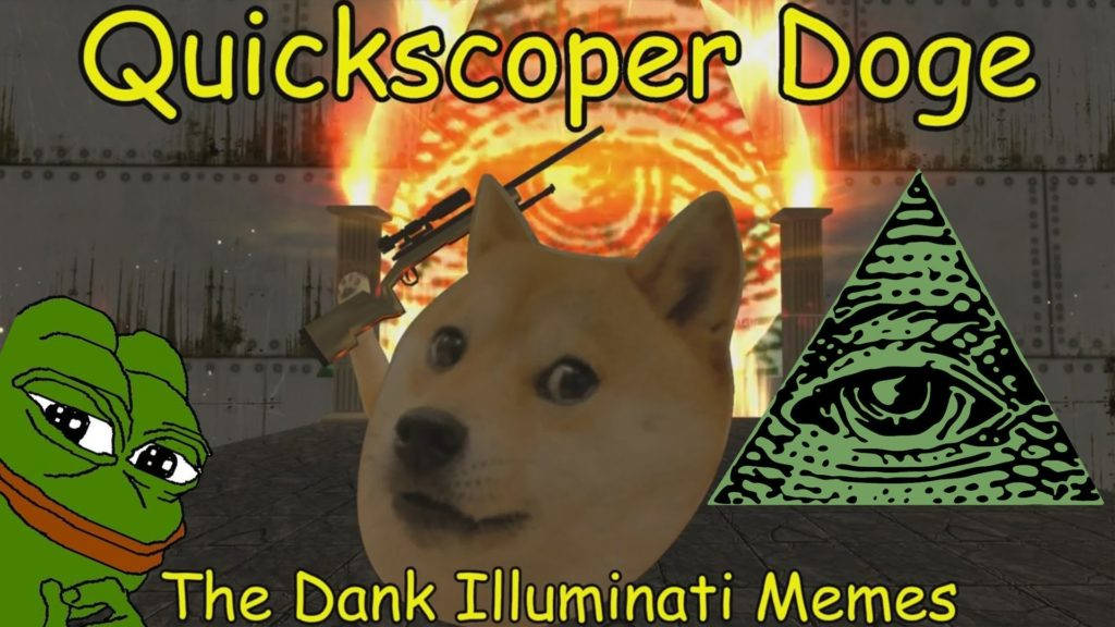 迷因圖片，包含 Doge、Pepe the Frog 和光明會金字塔，背景熾熱。