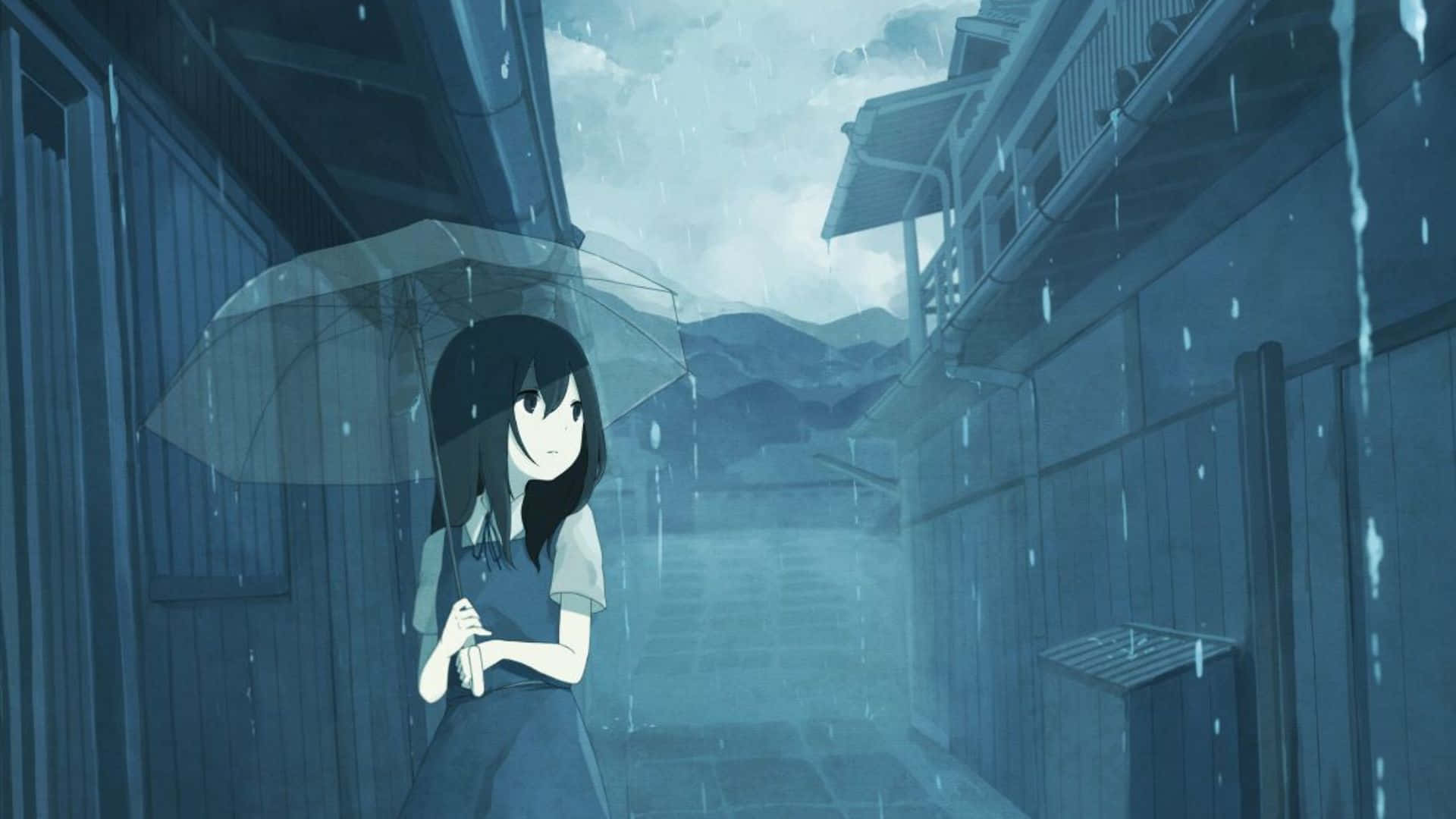 動漫女孩在雨中巷弄撐傘，木建築之間 — 雨 壁紙