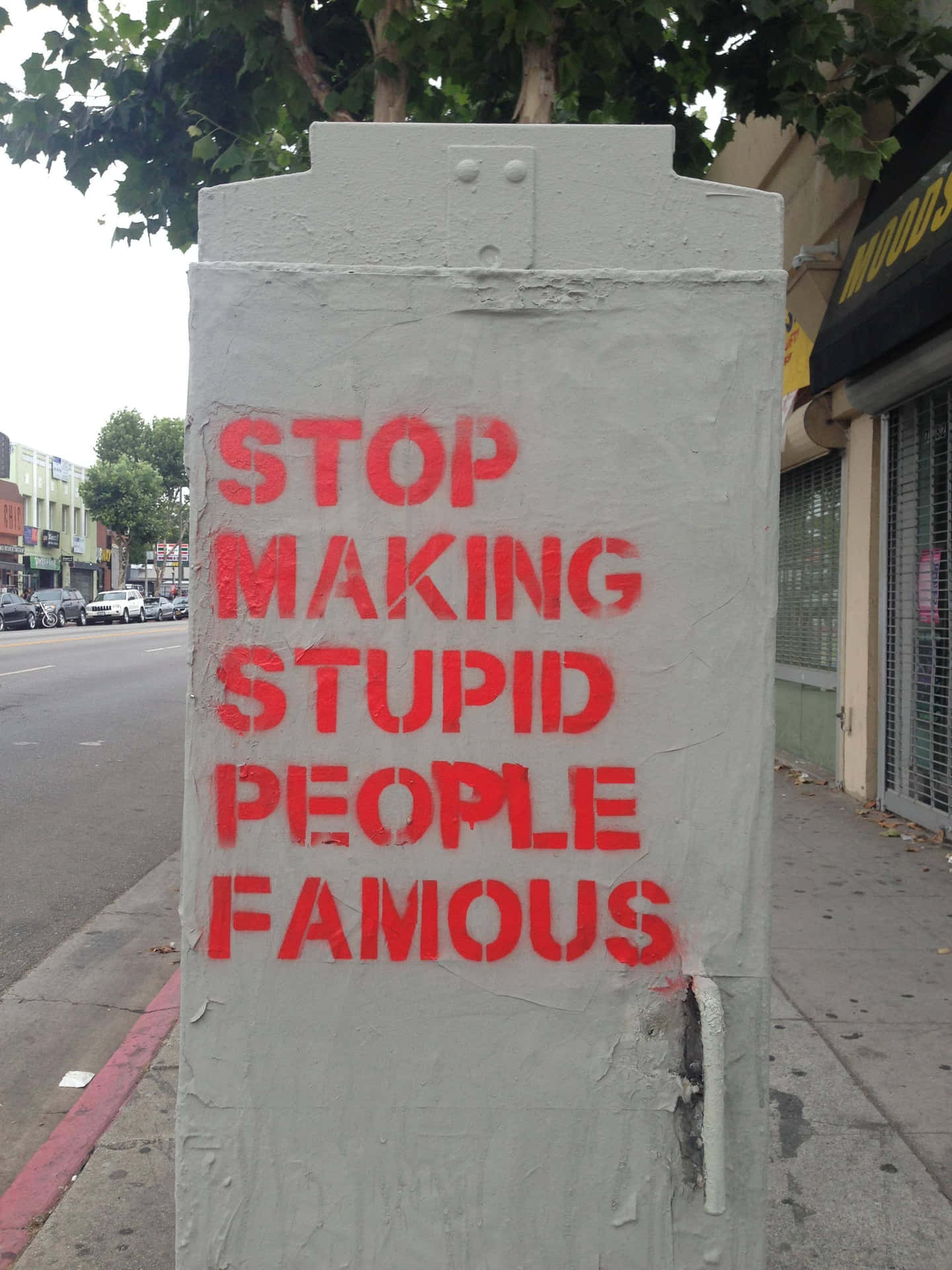 灰色公用箱上嘅紅色塗鴉寫住「STOP MAKING STUPID PEOPLE FAMOUS」，喺城市行人路上。