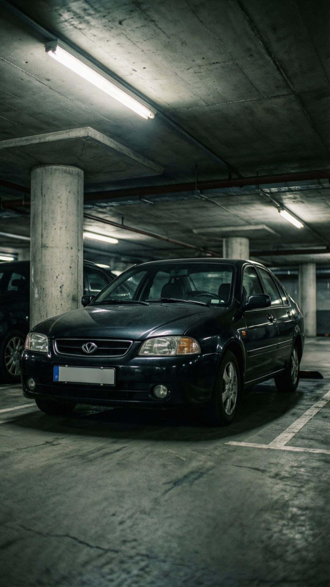深色轎車停放在光線昏暗的混凝土地下停車場。