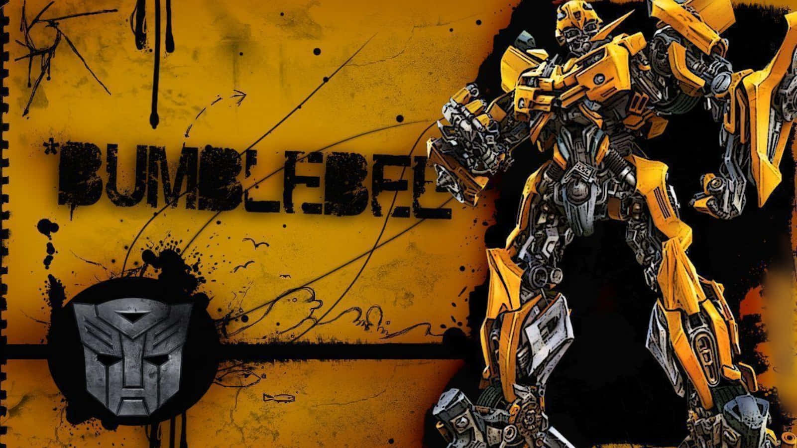 黃色和黑色的Bumblebee機械人角色，在紋理背景上帶有博派標誌。