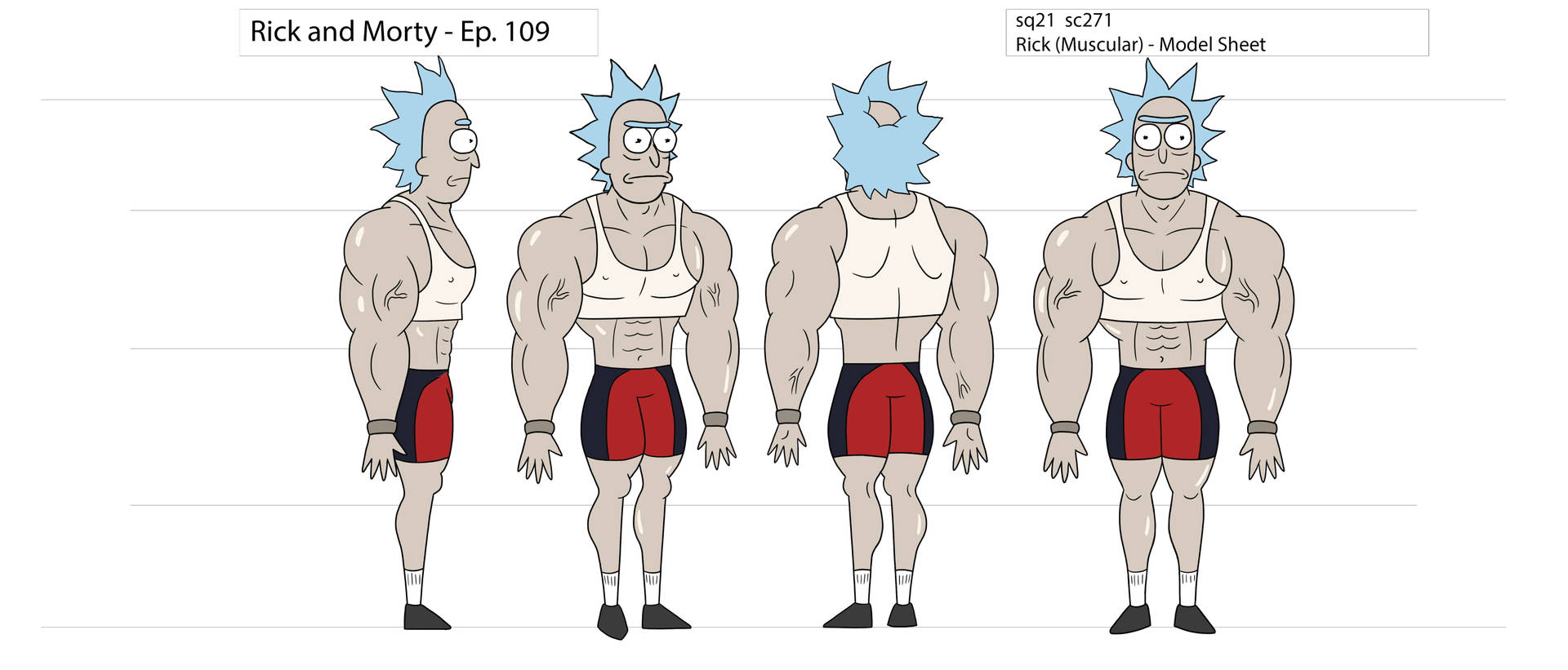來自《Rick and Morty》的肌肉發達的瑞克，穿著紅色和黑色短褲，從多個角度展示。