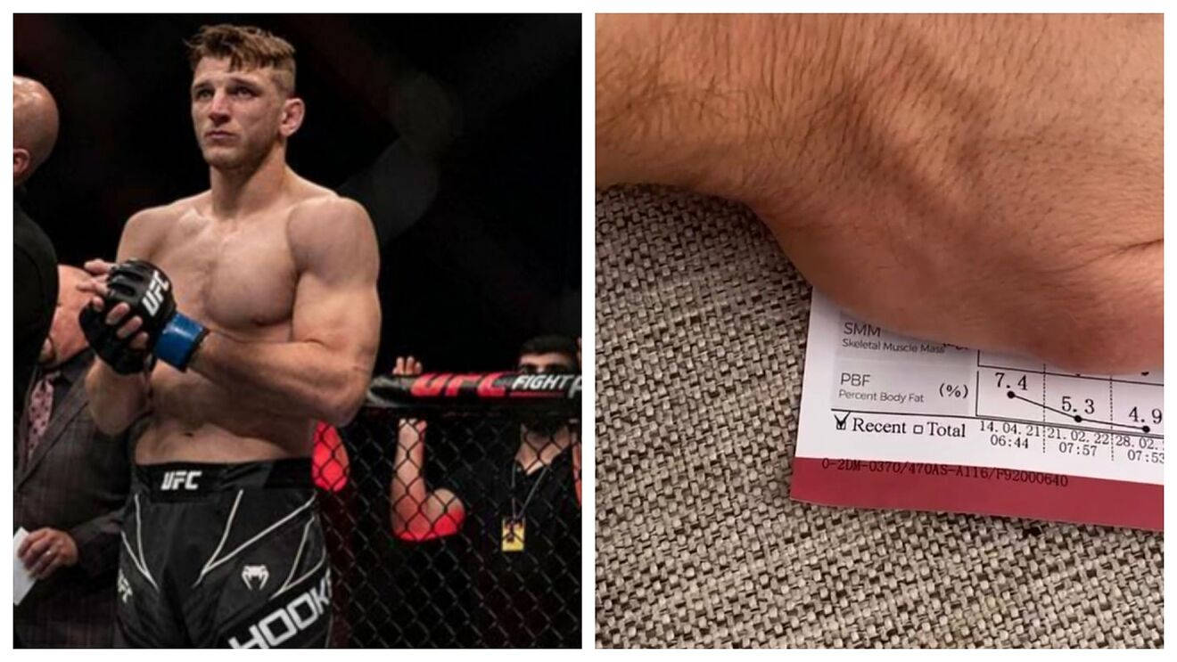 八角籠中的UFC拳手，旁邊布料上有體脂測試卡