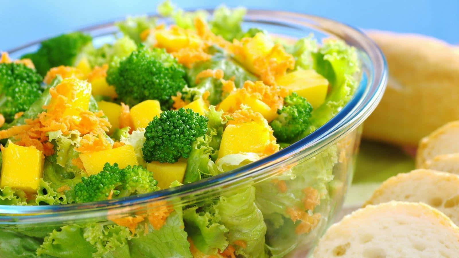 健康食品：綠色蔬菜沙拉圖 壁紙 — 一個充滿活力的玻璃碗，裝滿新鮮的綠色生菜、西蘭花塊、芒果和刨絲紅蘿蔔，旁邊有切片麵包。