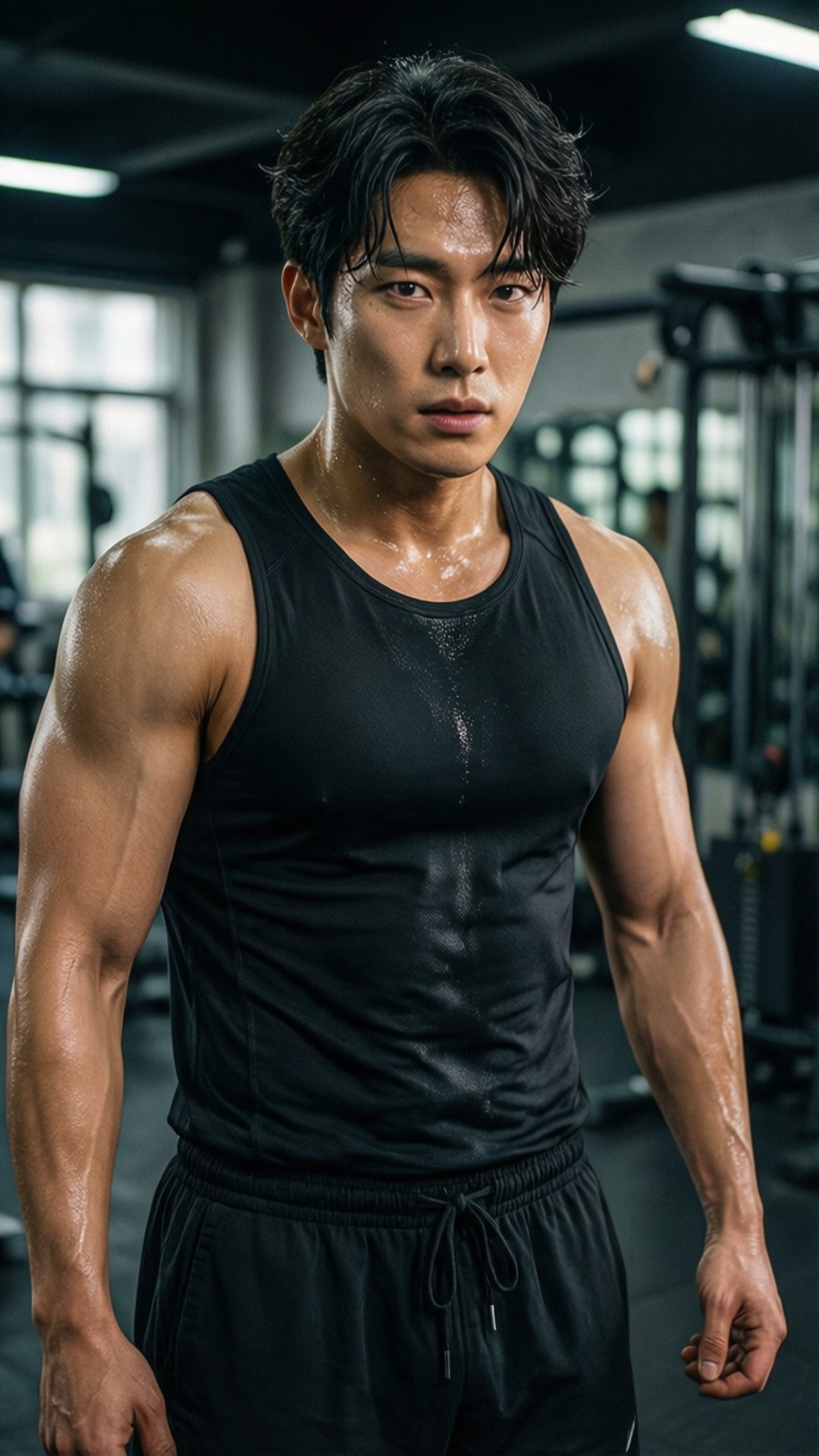 一個汗流浹背的肌肉男穿著黑色運動服在健身房中凝視著。