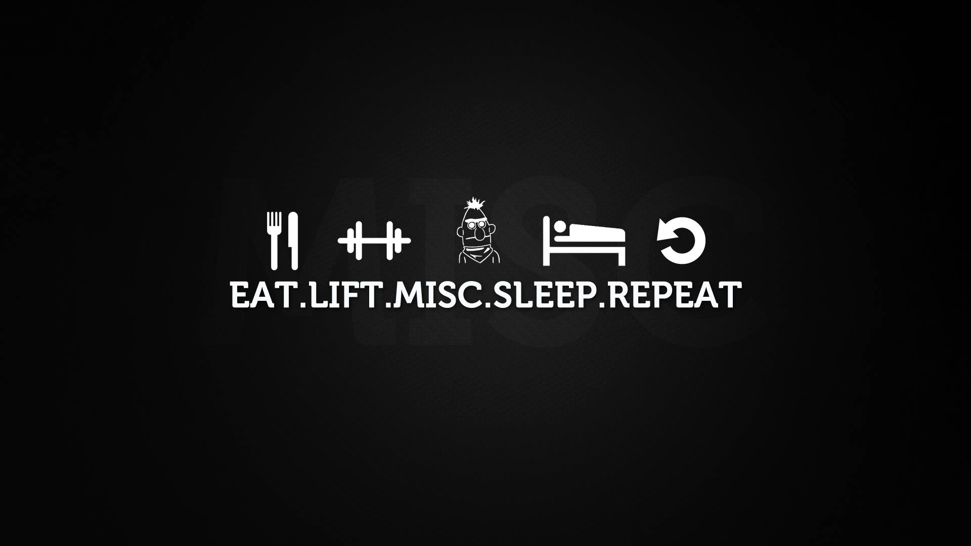 黑色背景上帶有文字 eat lift misc sleep repeat 的健身常規圖標