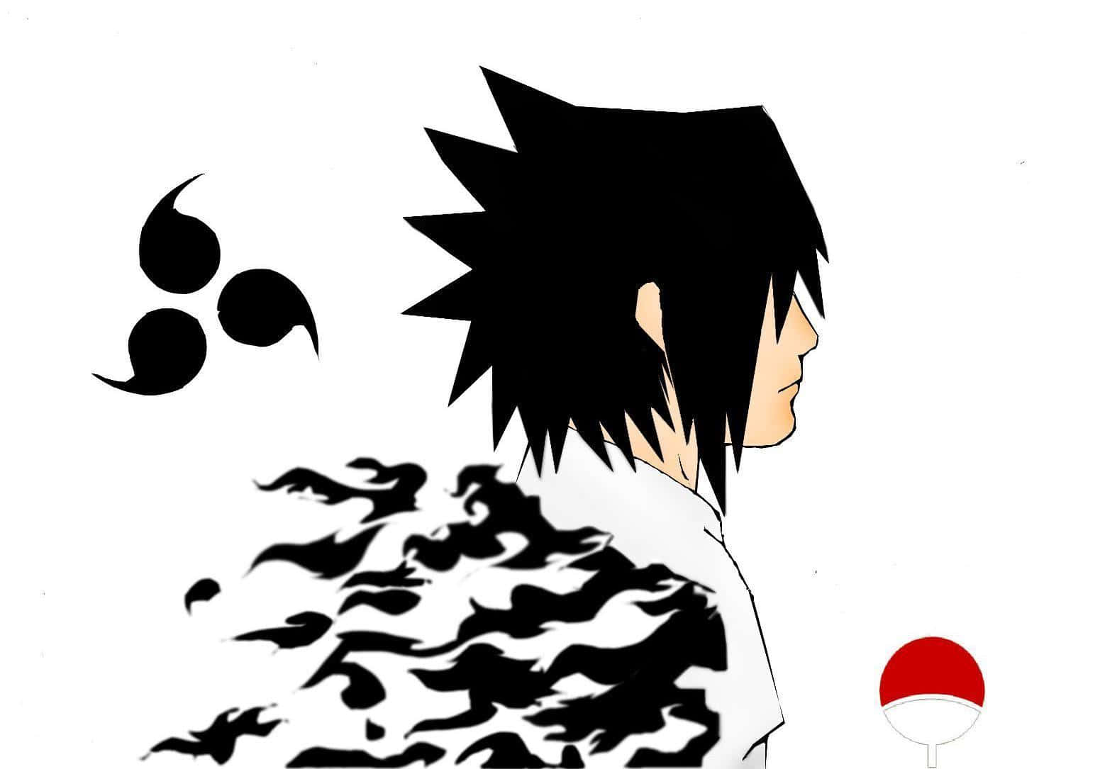Sasuke Uchiha Cursed Mark 桌布 壁紙 — 側面嘅動漫角色宇智波佐助，帶有黑色火焰般嘅查克拉同宇智波一族標誌，背景係白色。