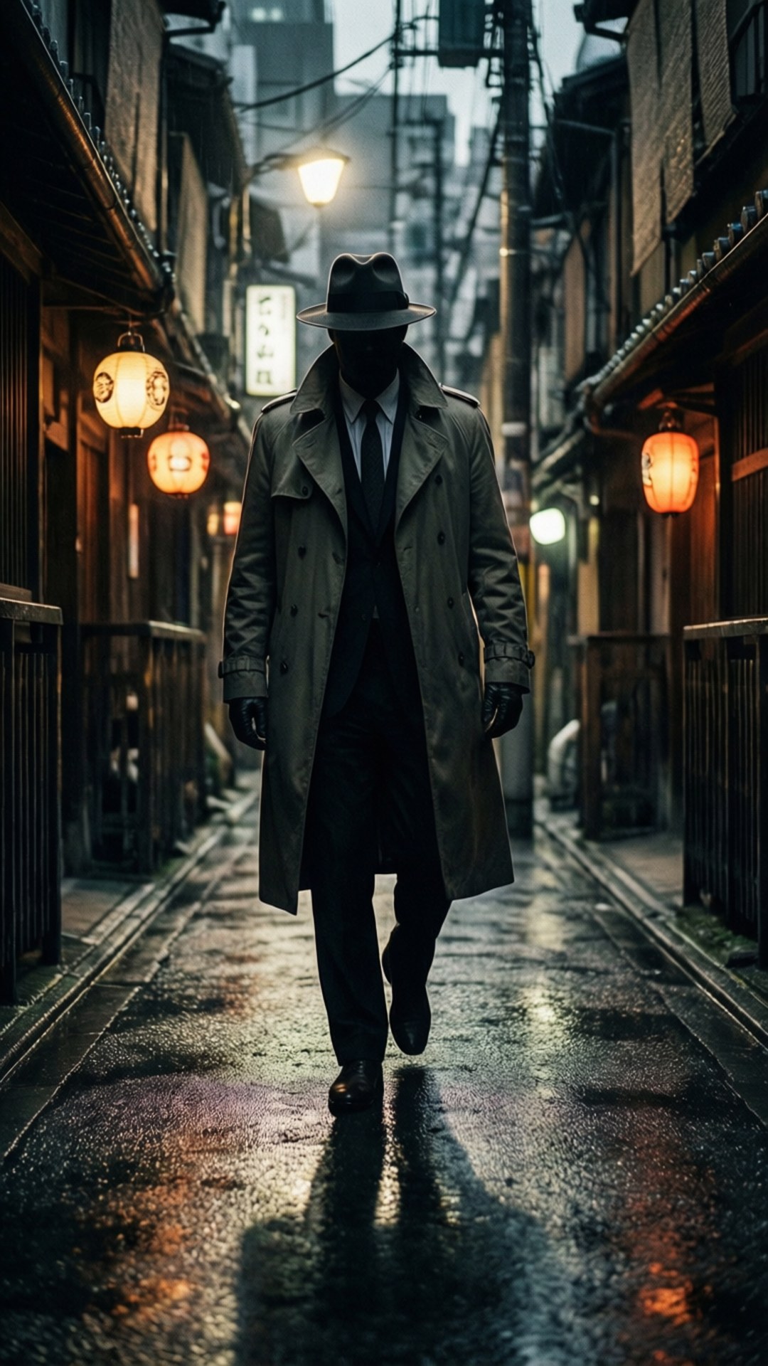 一個穿著 trench coat 和 fedora 帽的男人在雨夜的城市小巷中行走。