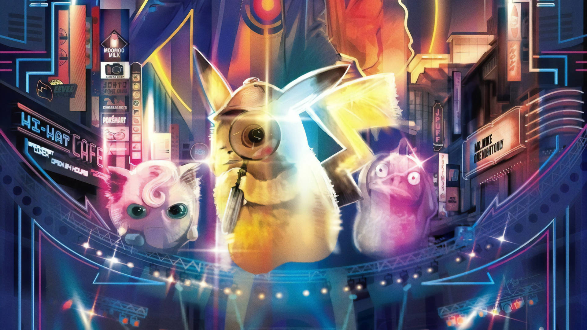 三隻 Pokémon 在夜間懸浮在霓虹燈照亮的未來城市上空。