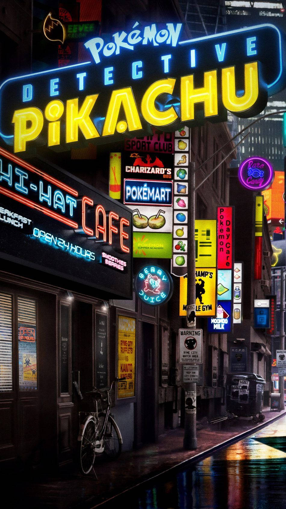 雨夜霓虹燈照亮的街道，有 Pokémon 神探Pikachu 的招牌和店面。