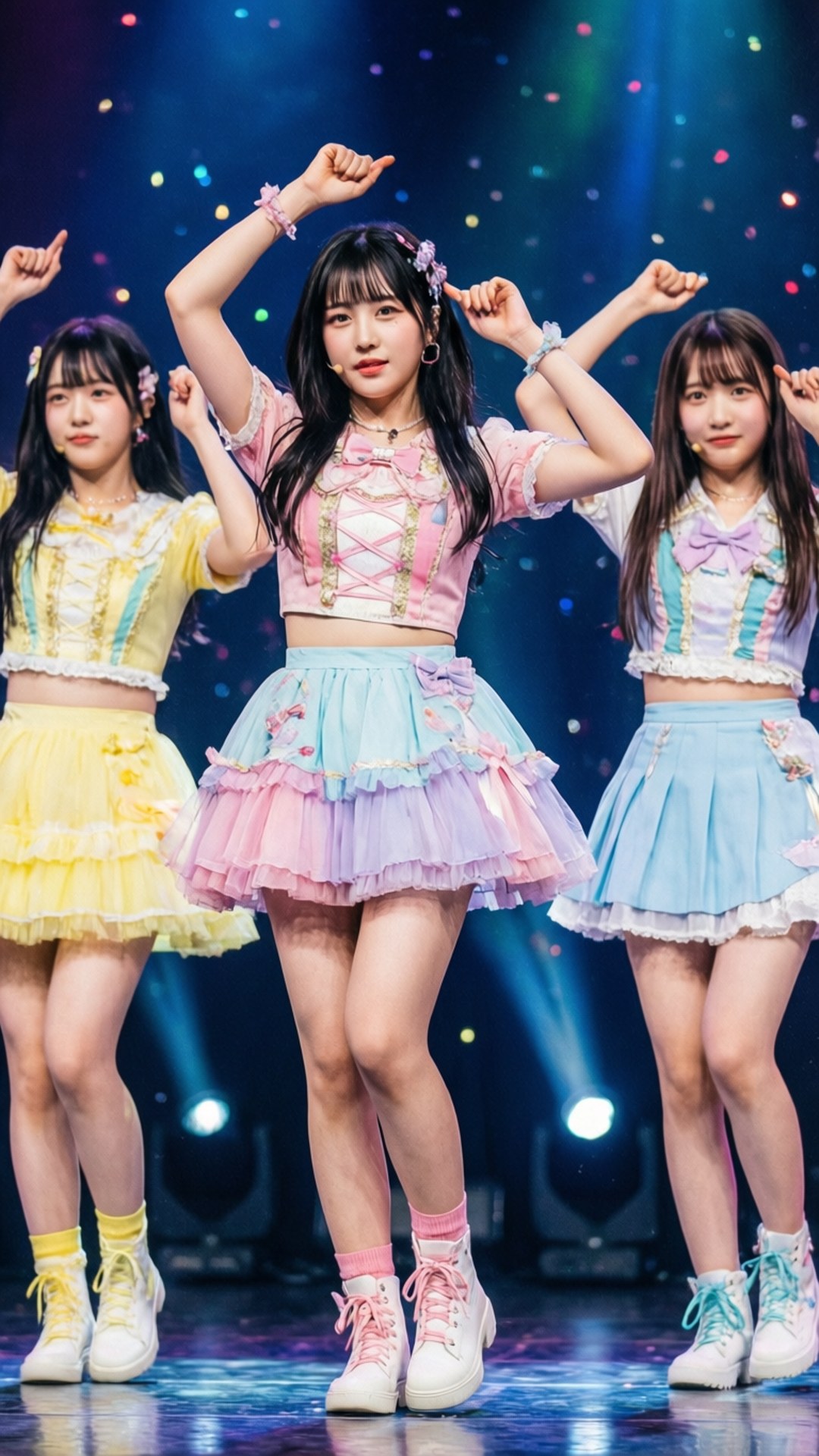 三位年輕女偶像在色彩繽紛的舞台上表演，燈光閃爍。