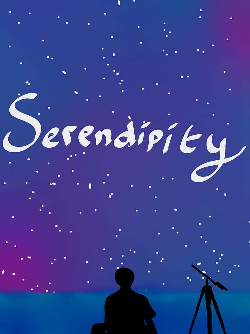拿著望遠鏡的人在暮色天空下觀星，帶有 Serendipity 字樣