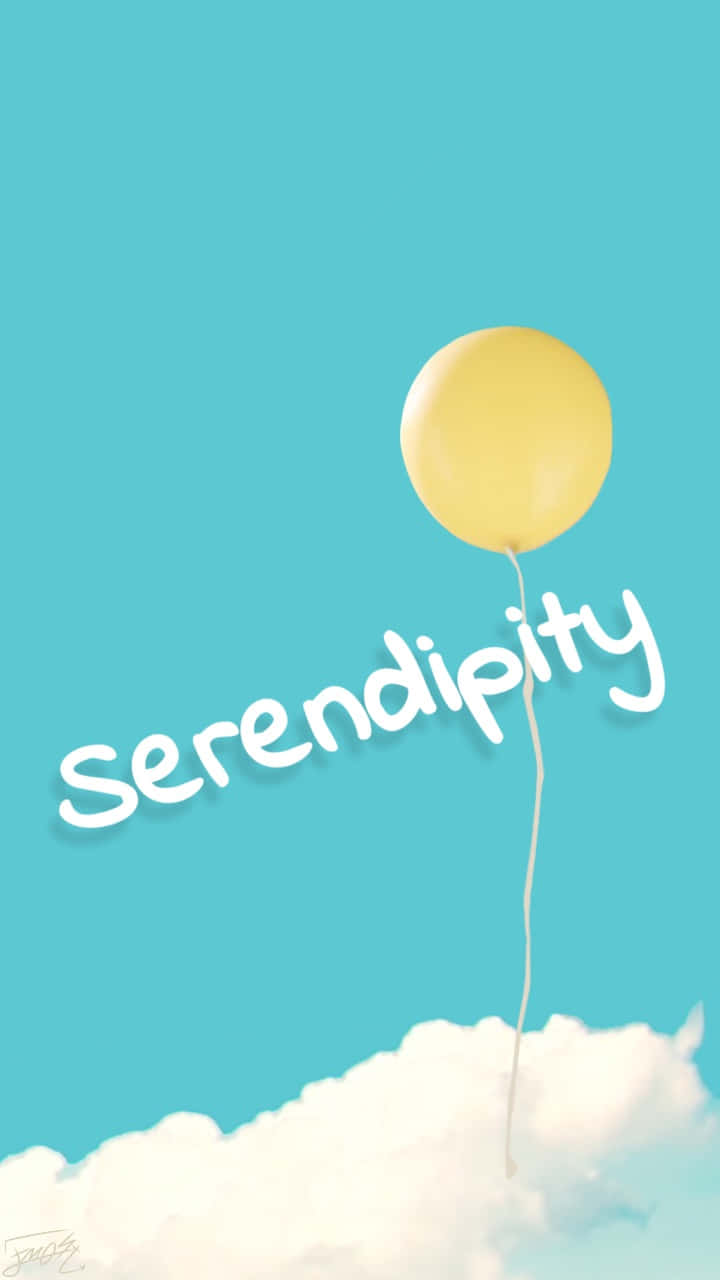 黃色氣球在雲端上升，帶有 serendipity 字樣