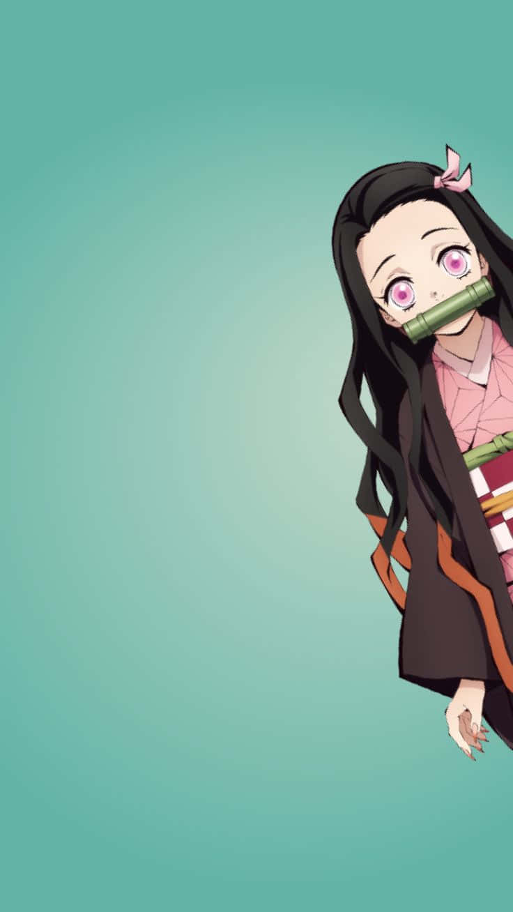 偷窺的鬼滅之刃角色禰豆子 壁紙 — 一個可愛的動漫女孩，長長的黑髮和粉紅色的眼睛，從右側探出頭來，用竹製口塞抵住嘴巴。
