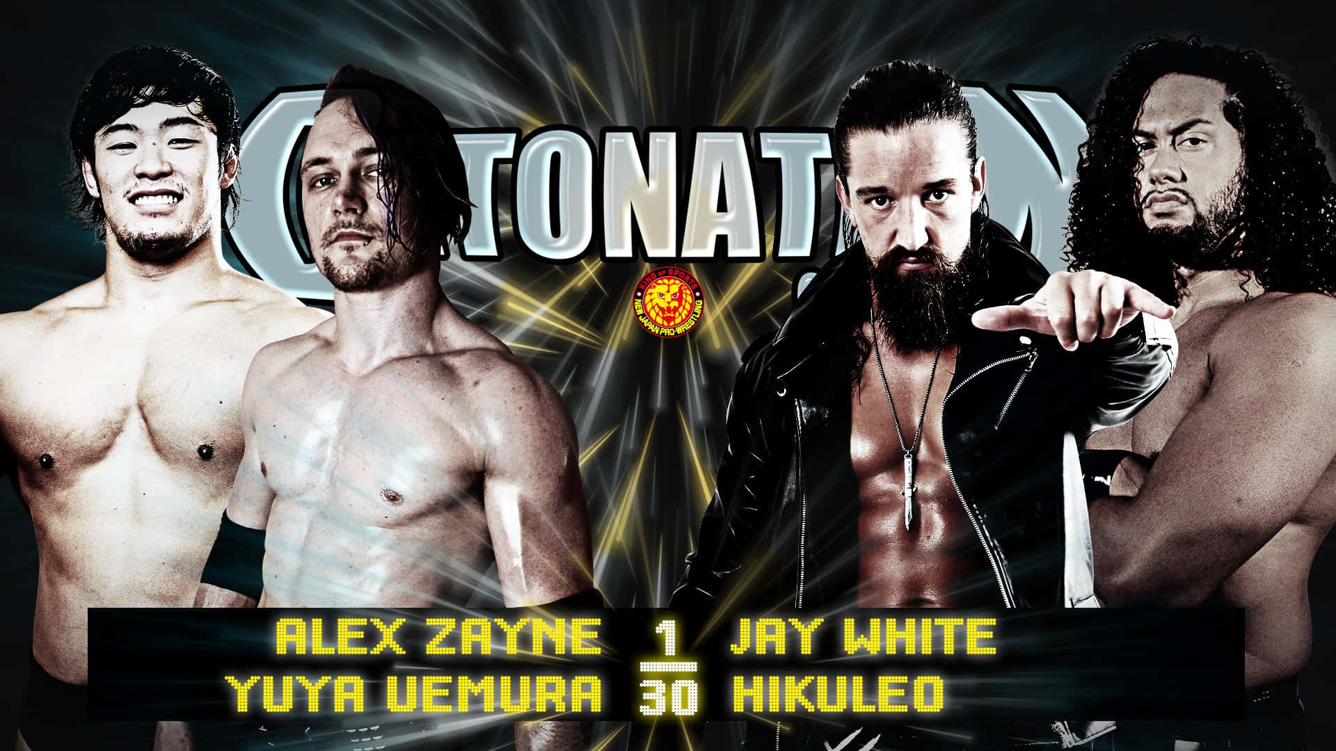 傑·懷特於NJPW雙打賽事中 壁紙 — 四位肌肉發達的摔角手在發光的 'COTONATION' 標誌前擺出強烈姿勢，帶有戲劇性燈光和顯示的拳手名字。
