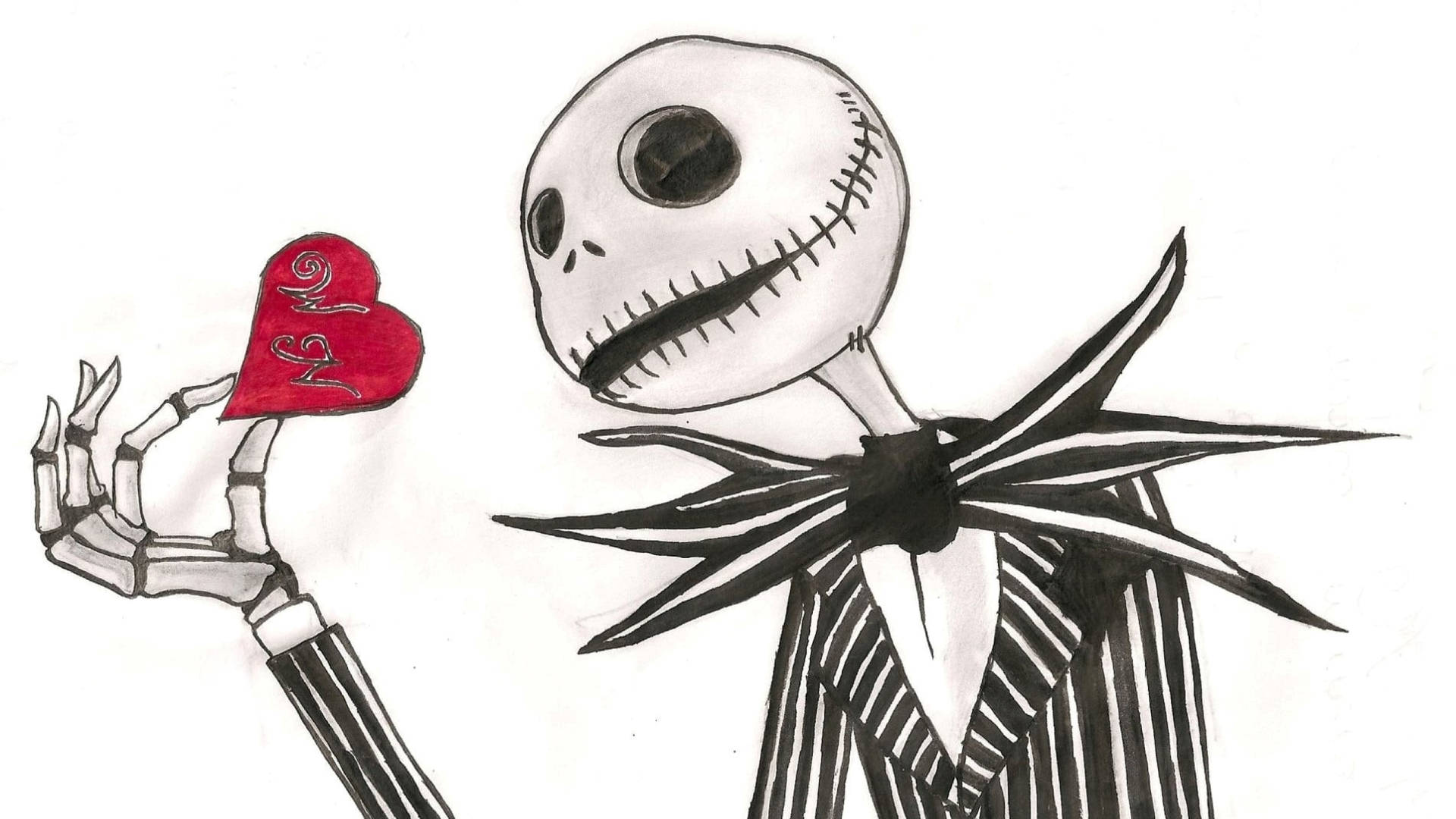 Jack Skellington 手持一個帶有漩渦的紅色心形，以黑白素描呈現。