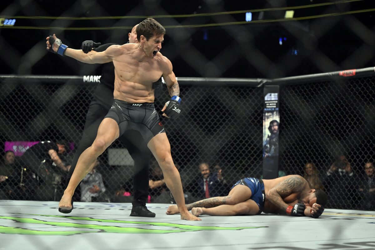 MMA拳手在八角籠中慶祝戰勝倒下的對手。
