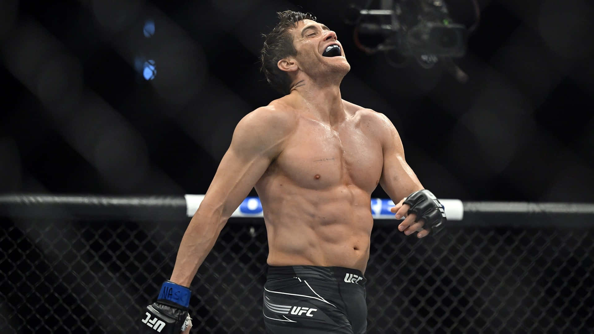 一名勝利的UFC拳手在八角籠內高舉雙臂慶祝。