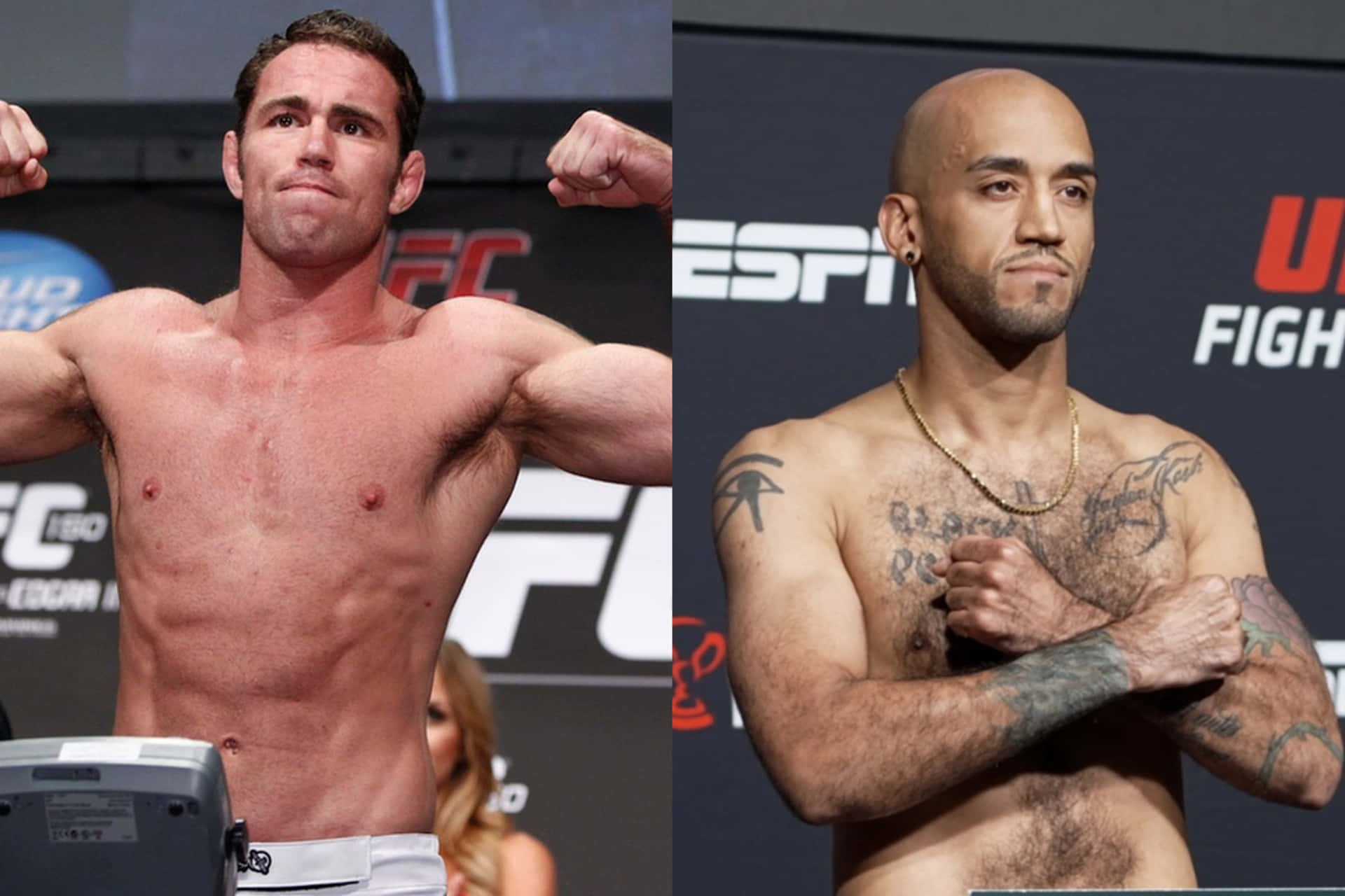 兩位赤裸上身的男性UFC拳手在稱重活動中擺姿勢。