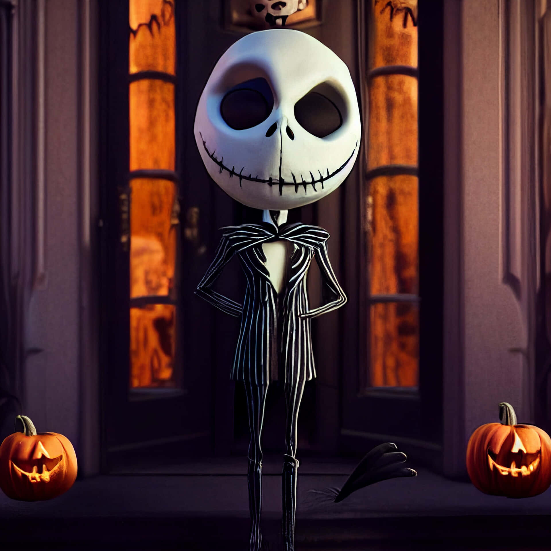 Jack Skellington 企喺門口，兩邊有南瓜燈。