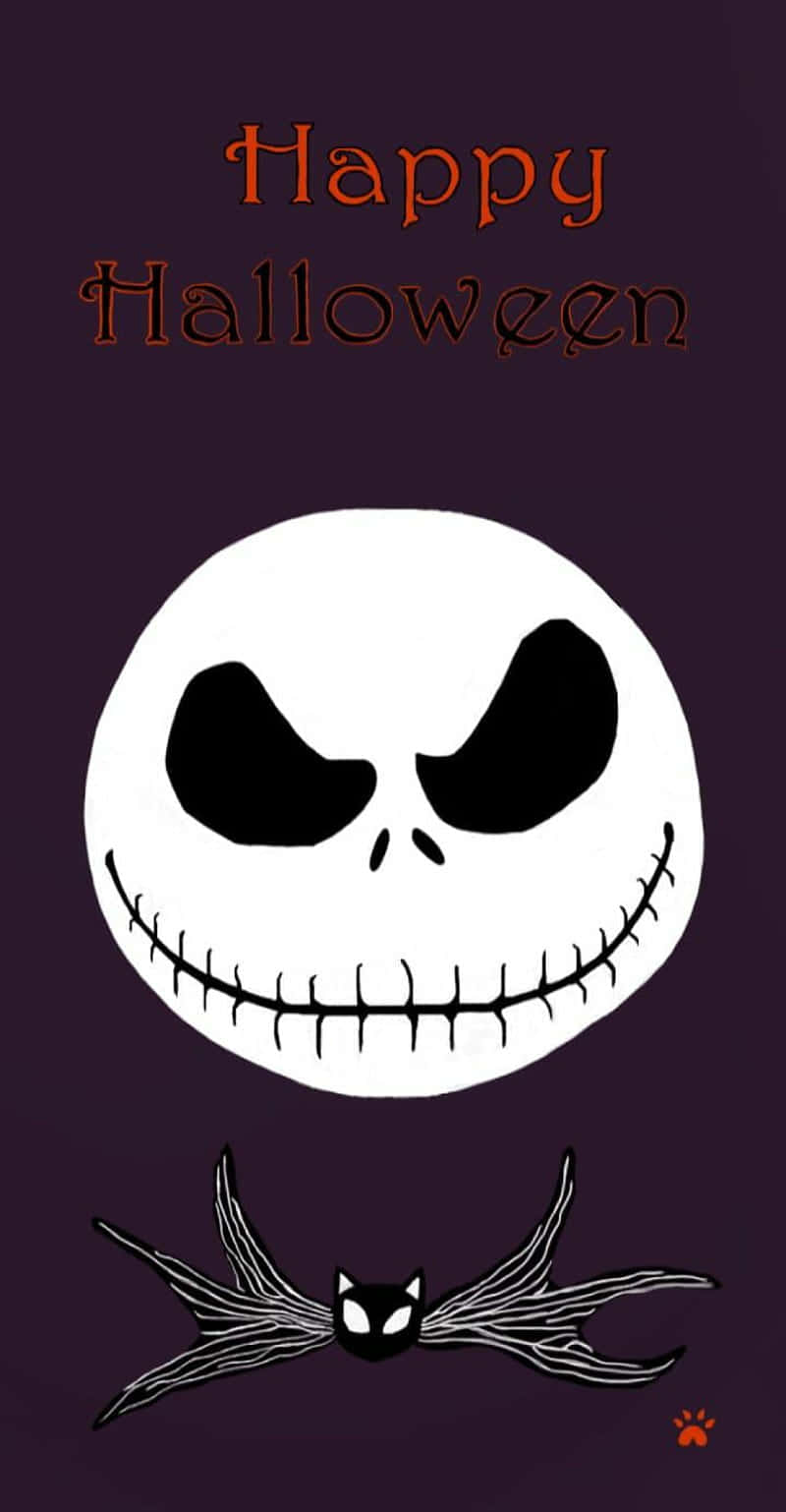「Happy Halloween」文字在白色骷髏頭上方，帶有縫合的笑容，下方有蝙蝠。