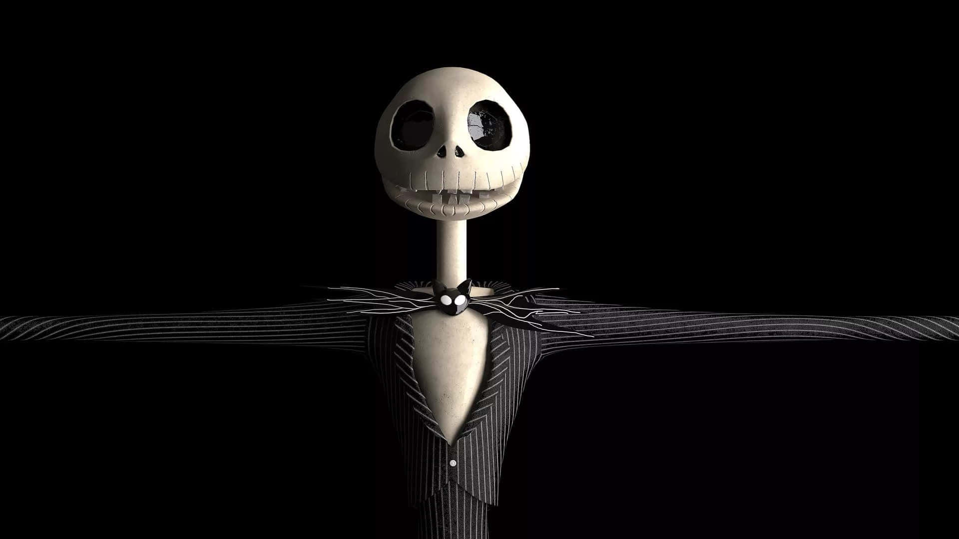 Jack Skellington 身穿黑白條紋西裝，雙臂張開。