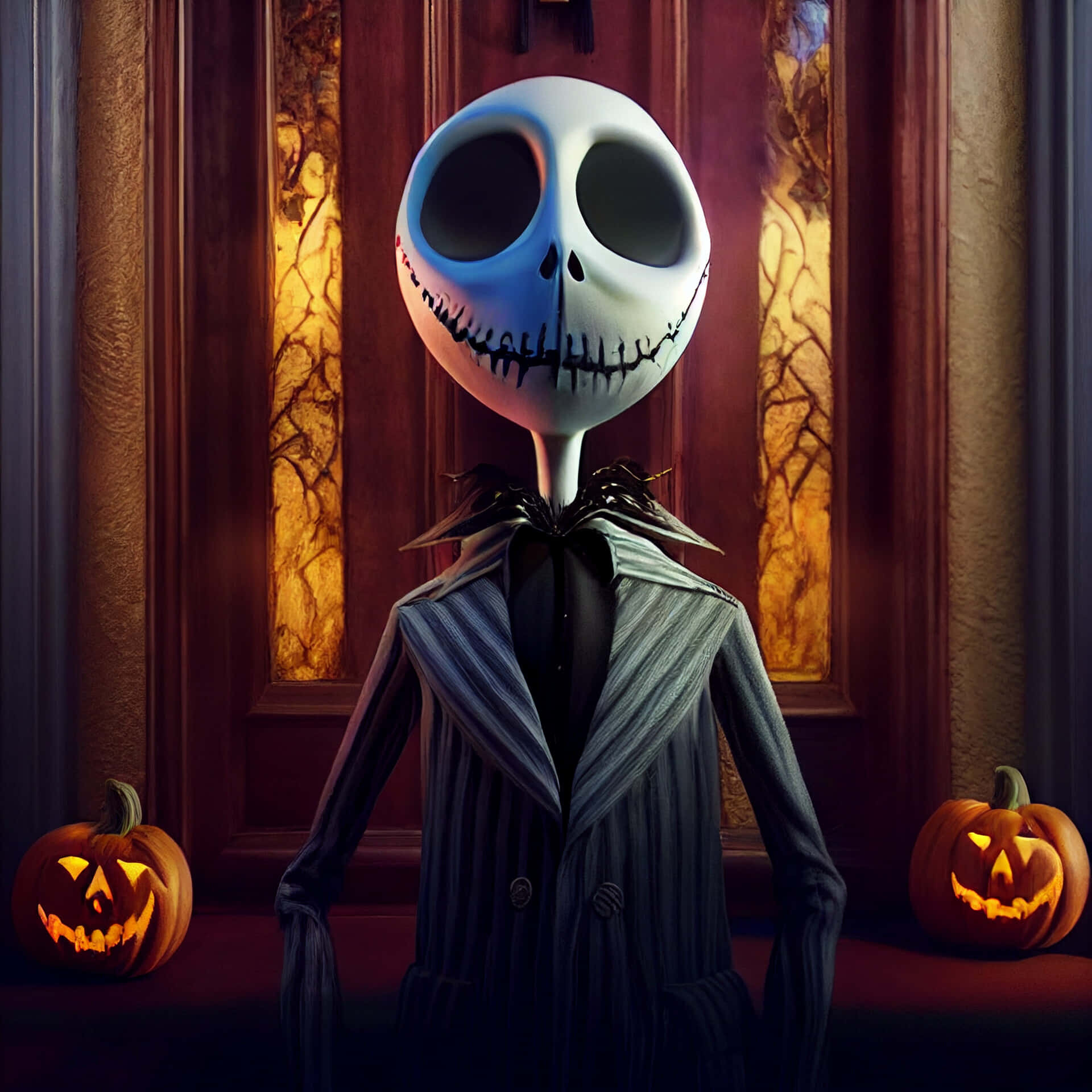 穿著條紋西裝的 Jack Skellington 在宏偉的門口被閃閃發光的南瓜燈包圍。