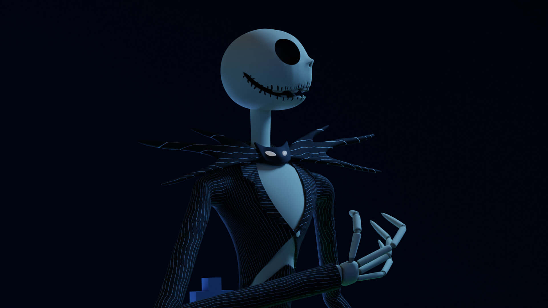 Jack Skellington 穿著他的招牌西裝，站在深藍色星星背景前。