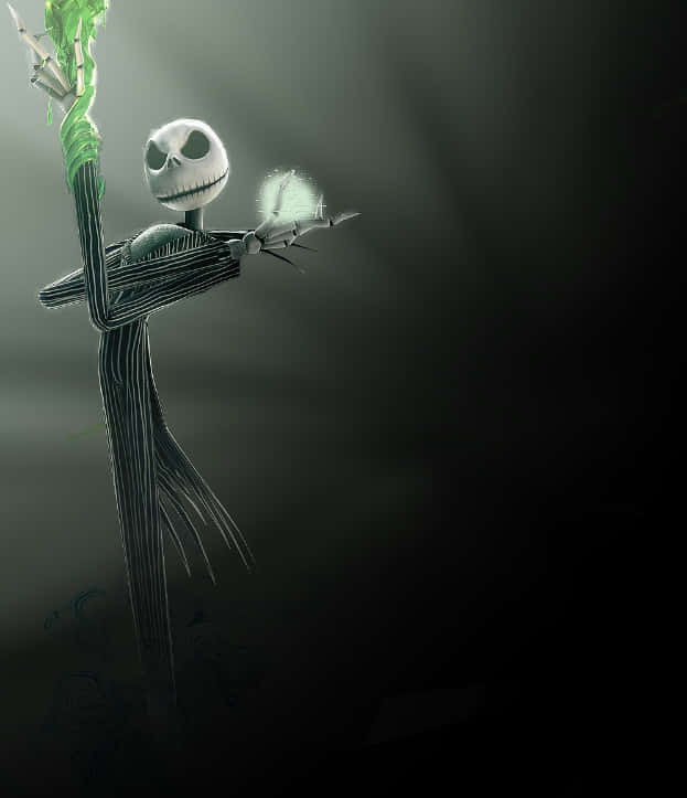 Jack Skellington 在黑暗空間中手持發光的綠色藤蔓和一個鬼魅球體。