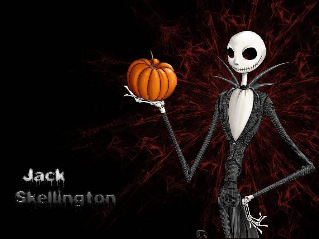 Jack Skellington 在深紅色蜘蛛網背景中拿著一個南瓜。