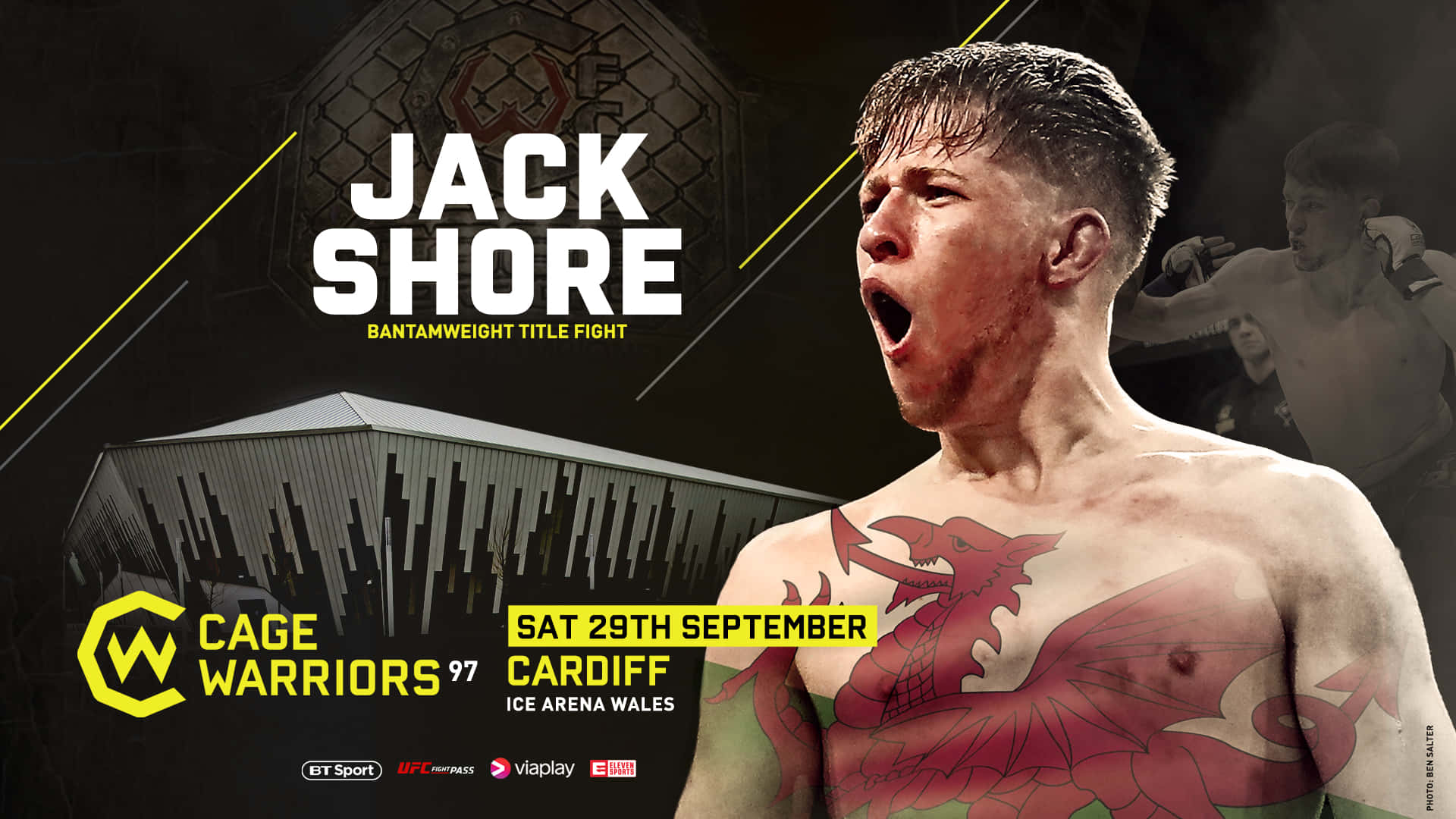 戰士 Jack Shore 帶有龍紋身，為 Cage Warriors 97 賽事咆哮。