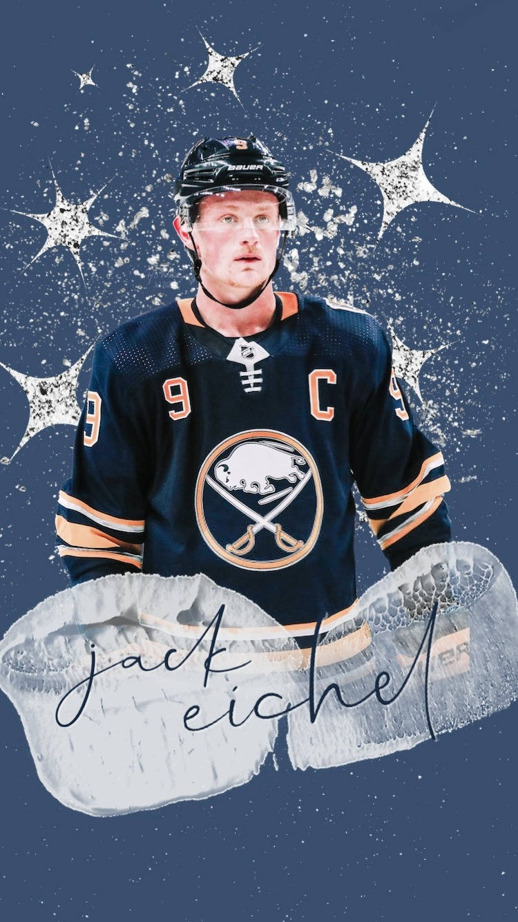 傑克·艾奇爾：雪片飛舞中的明星 壁紙 — 冰球運動員 Jack Eichel 身穿水牛城軍刀隊球衣，站在星光閃爍的冰背景前，下方有他的名字。