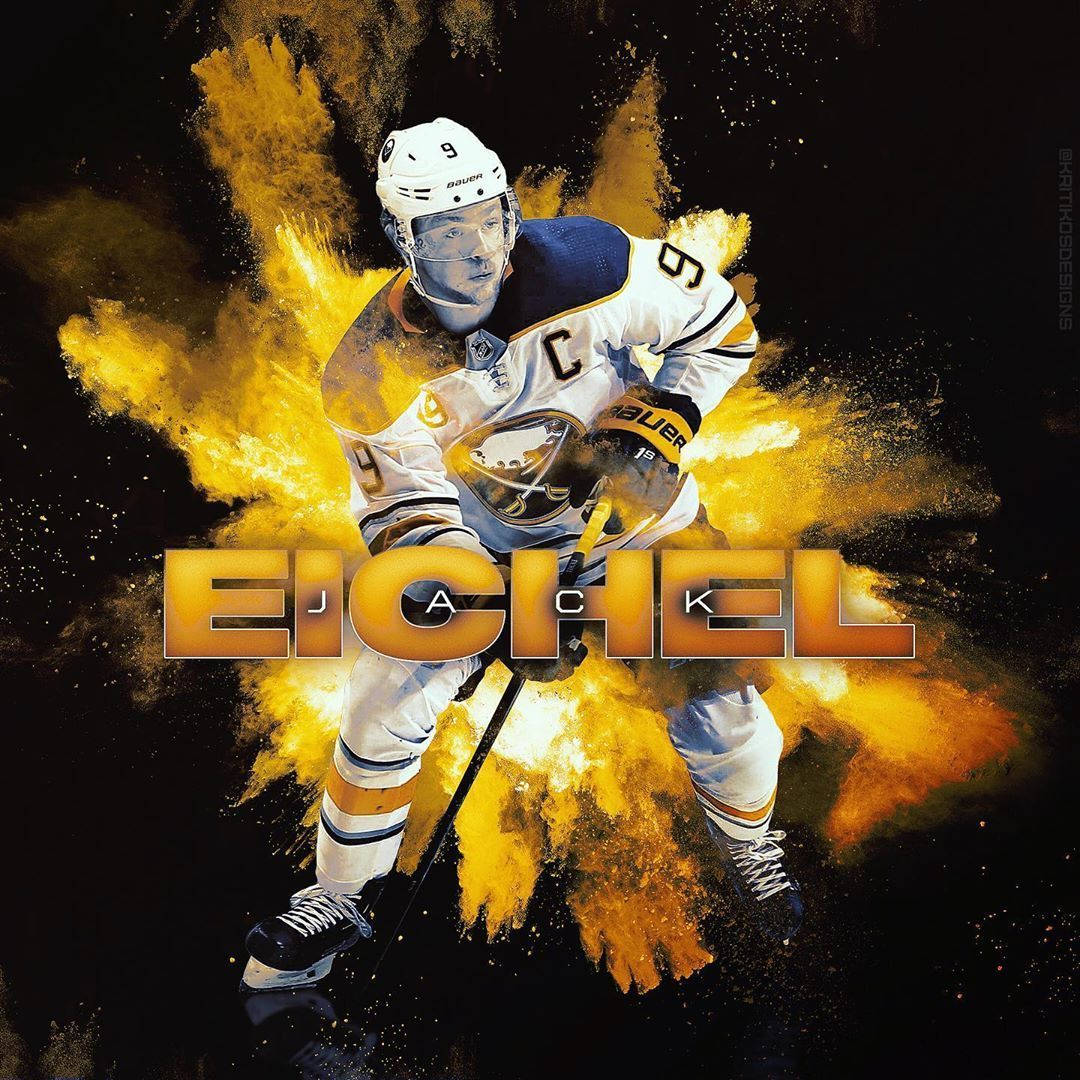 傑克·艾奇爾水牛城冰鷹隊球迷海報 壁紙 — 冰球運動員 Jack Eichel 身穿白色制服，在黑色背景下衝破金色粉末。