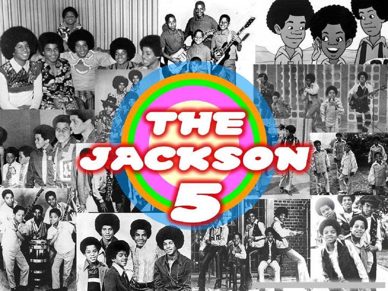 Jackson 5 照片和卡通藝術的拼貼畫，帶有彩色標誌。