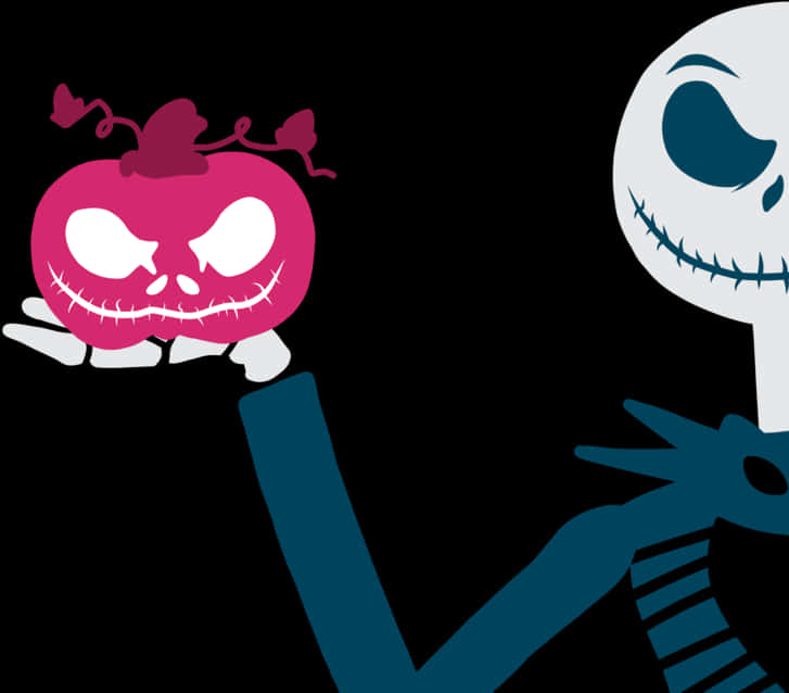 傑克與佐羅風格插畫 壁紙 — Jack Skellington 喺黑色背景前拎住一個有憤怒眼睛嘅粉紅色縫合南瓜。