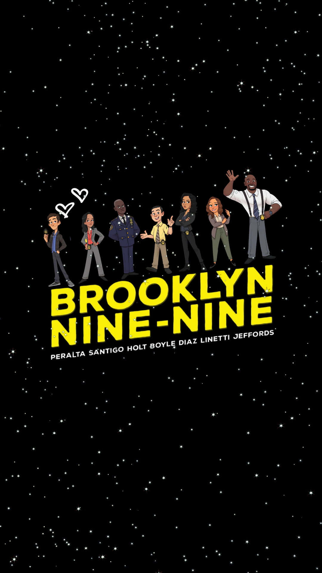 傑克與艾米在《布魯克林九九》中是完美拍檔！ 壁紙 — 七個動畫化的 Brooklyn Nine-Nine 角色站在星空夜空前，節目標題以粗體黃色顯示。