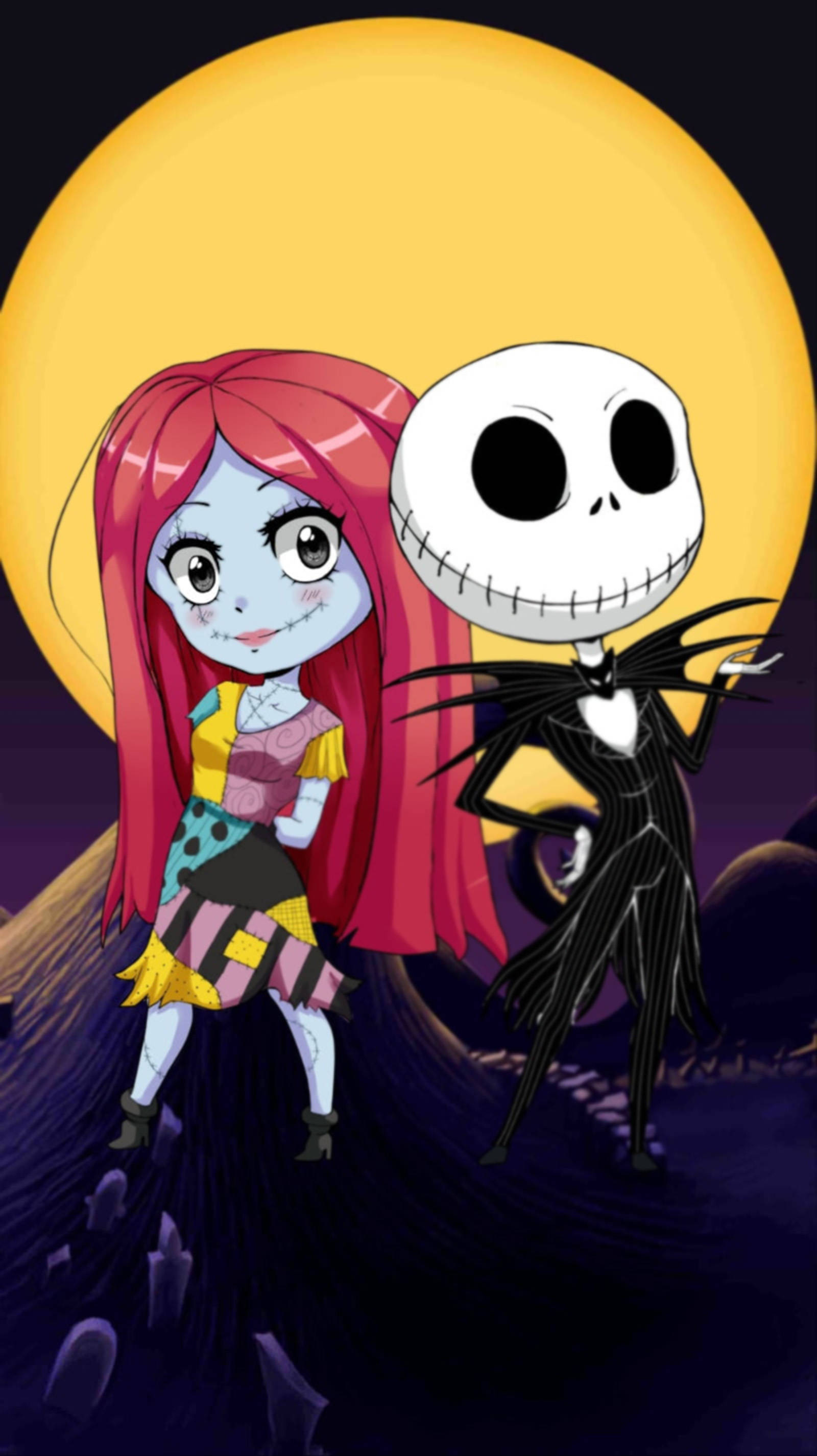 傑克與莎莉動漫藝術 壁紙 — Jack Skellington 和 Sally 一起站在深紫色墓園中的巨大黃色月亮下。