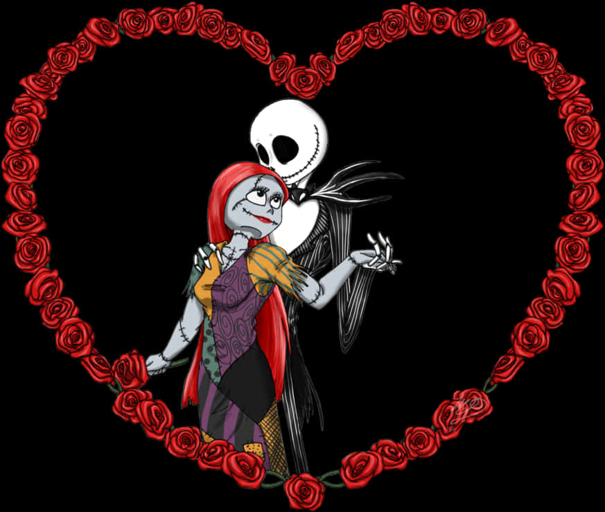 傑克與莎莉心形邊框 壁紙 — Jack 和 Sally 在黑色背景上由紅玫瑰組成的心形框架內擁抱。