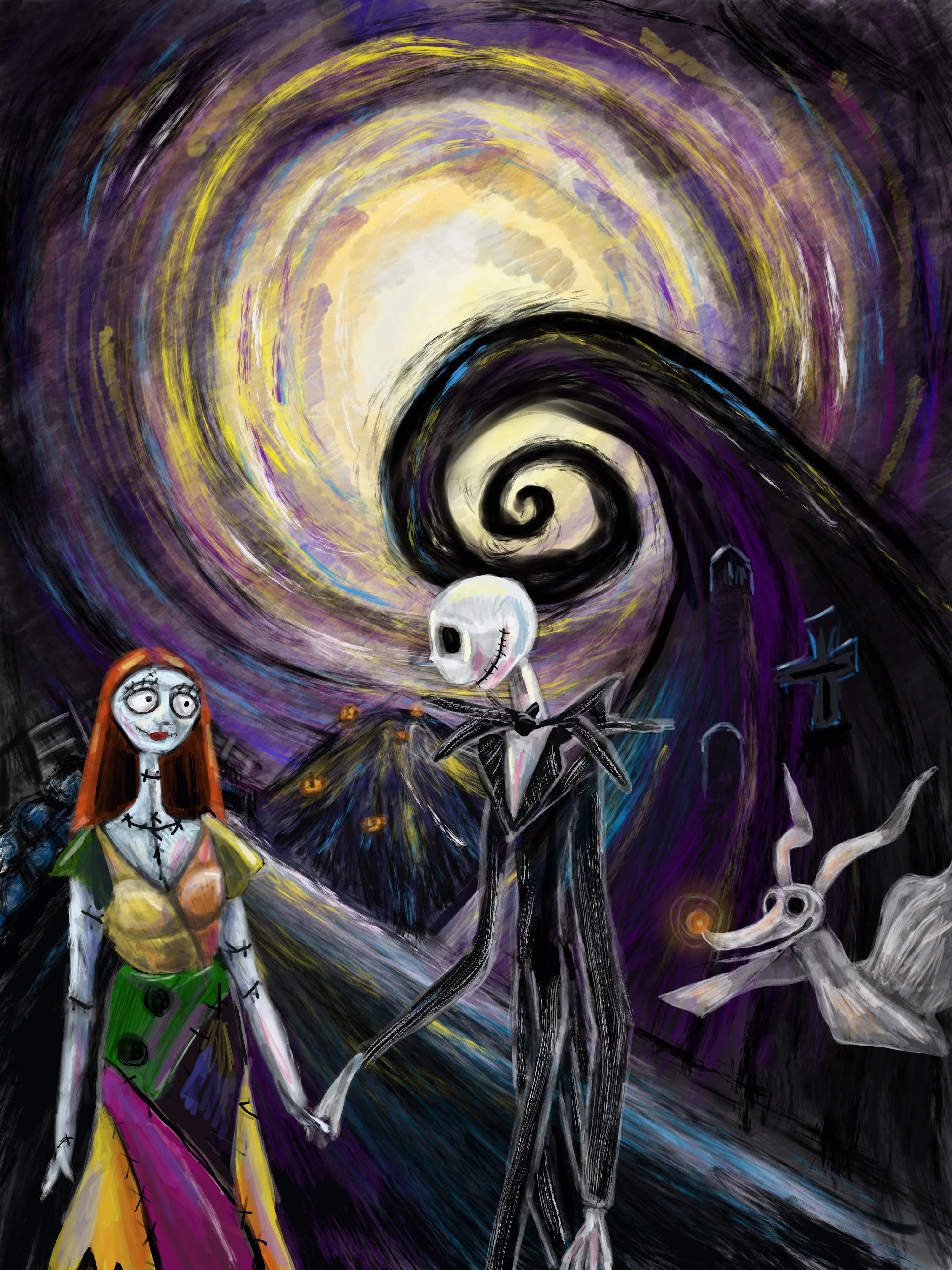 傑克與莎莉數位繪畫 壁紙 — Jack Skellington 和 Sally 在一個詭異的萬聖節夜晚場景中，手牽手站在旋轉的紫色和黃色月亮下。
