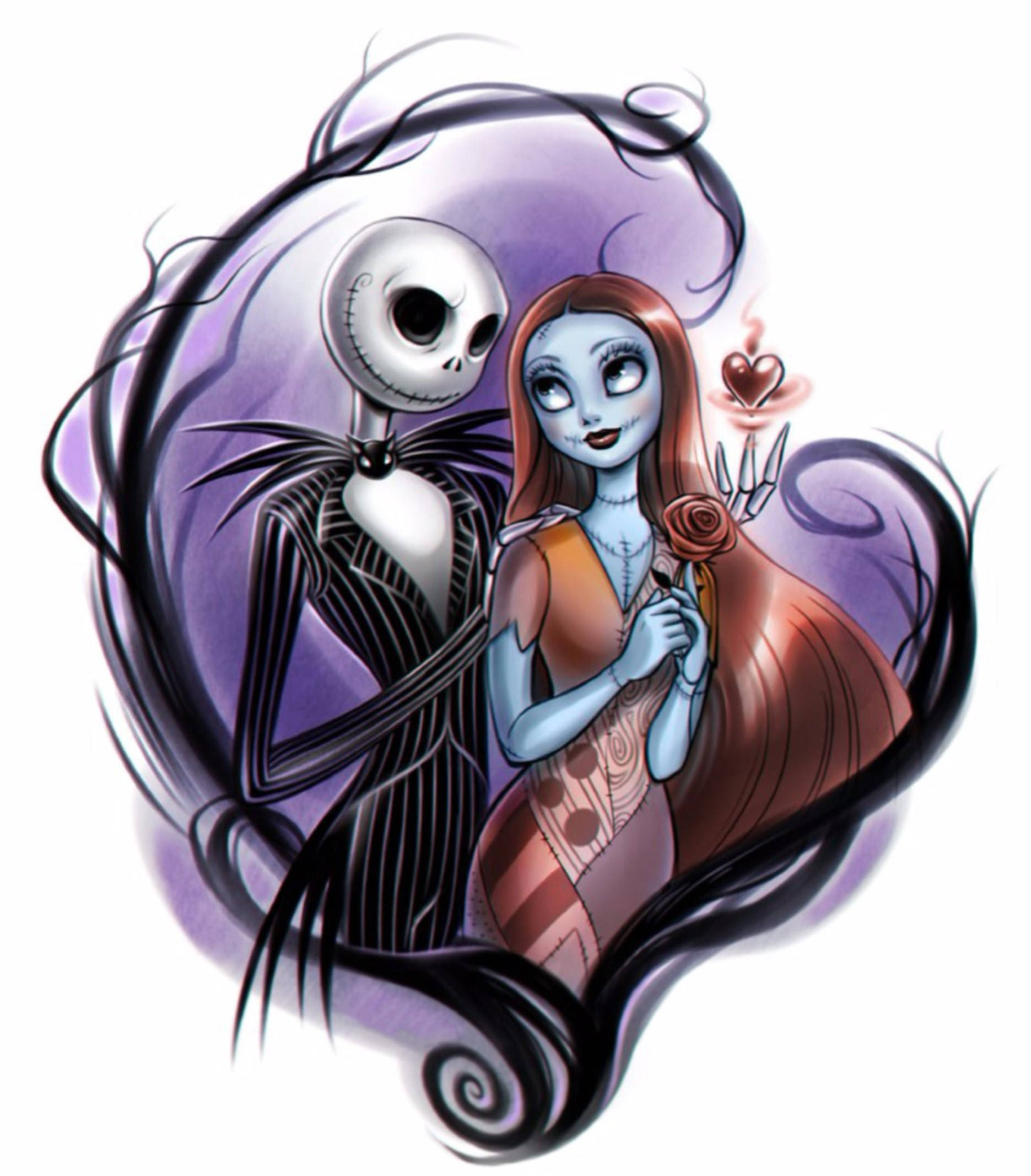 傑克與莎莉數位藝術 壁紙 — Jack Skellington 和 Sally 在一個旋轉的紫色心形框架中擁抱，手持玫瑰和漂浮的心。